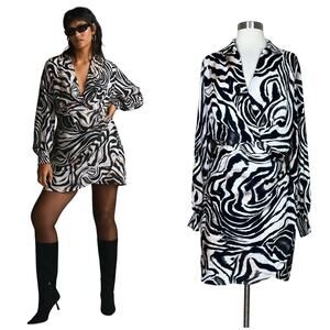 by Anthropologie | Abstract Graphic Zebra Print Black White Draped Mini Dress 14